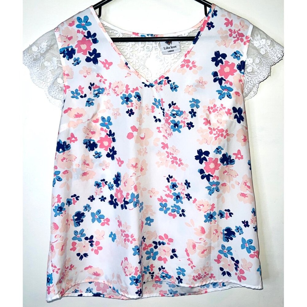 Floral V-Neck Lace Sleeve Top By Like Love Large 100% Polyester Pink & Blue